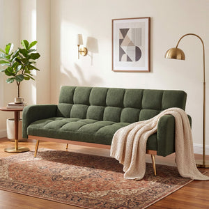 English Elm 69 Inch Convertible Teddy Fleece Sleeper Sofa with Plush Sherpa Upholstery for Small Spaces Green W1658P505236