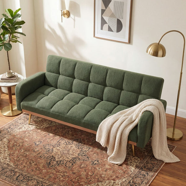 English Elm 69 Inch Convertible Teddy Fleece Sleeper Sofa with Plush Sherpa Upholstery for Small Spaces Green W1658P505236