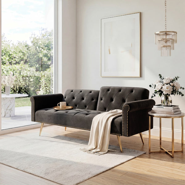 English Elm 69.7" Velvet Sleeper Sofa with Nailhead Trim Gold Legs and Convertible Guest Seating Black W1658P520293
