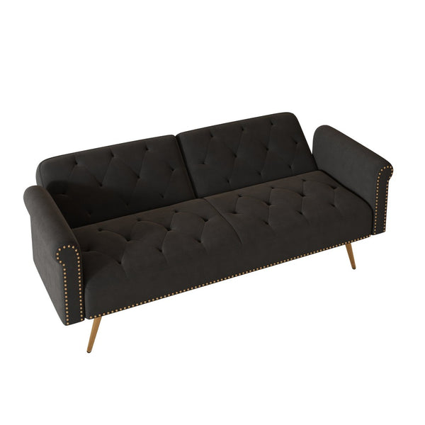 English Elm 69.7" Velvet Sleeper Sofa with Nailhead Trim Gold Legs and Convertible Guest Seating Black W1658P520293