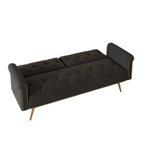 English Elm 69.7" Velvet Sleeper Sofa with Nailhead Trim Gold Legs and Convertible Guest Seating Black W1658P520293
