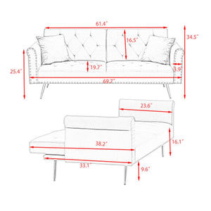 English Elm 69.7" Velvet Sleeper Sofa with Nailhead Trim Gold Legs and Convertible Guest Seating Black W1658P520293