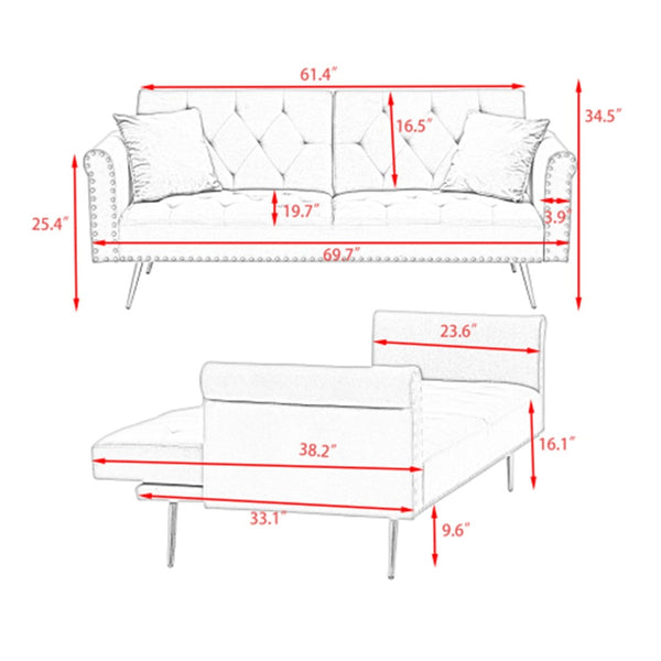 English Elm 69.7" Velvet Sleeper Sofa with Nailhead Trim Gold Legs and Convertible Guest Seating Black W1658P520293