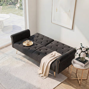 English Elm 69.7" Velvet Sleeper Sofa with Nailhead Trim Gold Legs and Convertible Guest Seating Black W1658P520293