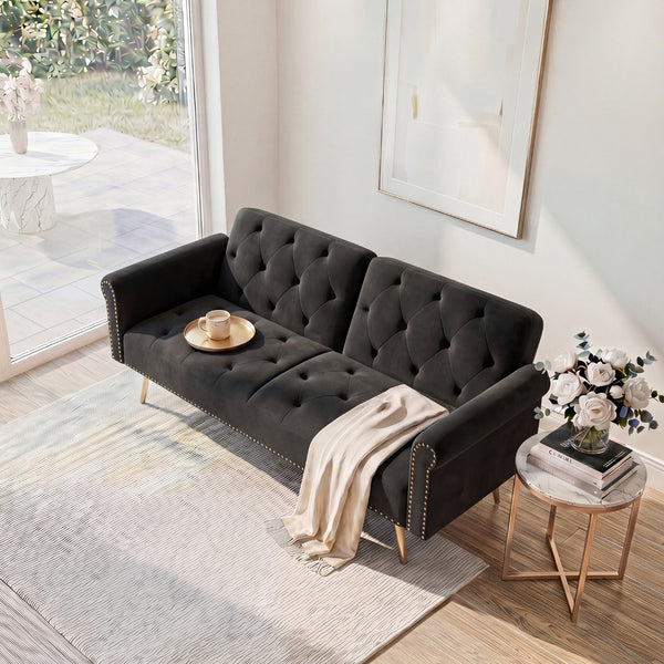 English Elm 69.7" Velvet Sleeper Sofa with Nailhead Trim Gold Legs and Convertible Guest Seating Black W1658P520293