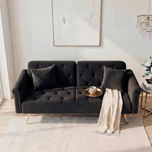 English Elm 69.7" Velvet Sleeper Sofa with Nailhead Trim Gold Legs and Convertible Guest Seating Black W1658P520293