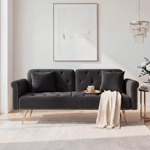 English Elm 69.7" Velvet Sleeper Sofa with Nailhead Trim Gold Legs and Convertible Guest Seating Black W1658P520293