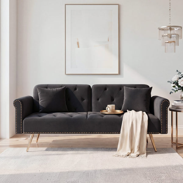 English Elm 69.7" Velvet Sleeper Sofa with Nailhead Trim Gold Legs and Convertible Guest Seating Black W1658P520293