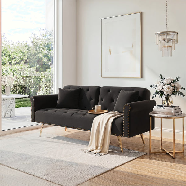English Elm 69.7" Velvet Sleeper Sofa with Nailhead Trim Gold Legs and Convertible Guest Seating Black W1658P520293