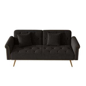 English Elm 69.7" Velvet Sleeper Sofa with Nailhead Trim Gold Legs and Convertible Guest Seating Black W1658P520293