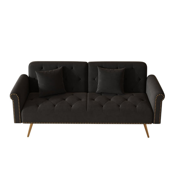 English Elm 69.7" Velvet Sleeper Sofa with Nailhead Trim Gold Legs and Convertible Guest Seating Black W1658P520293