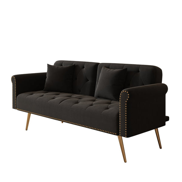 English Elm 69.7" Velvet Sleeper Sofa with Nailhead Trim Gold Legs and Convertible Guest Seating Black W1658P520293