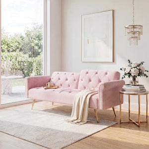 English Elm 69.7" Velvet Sleeper Sofa with Nailhead Trim Gold Legs and Convertible Guest Seating Pink W1658P520296
