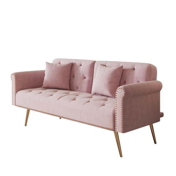 English Elm 69.7" Velvet Sleeper Sofa with Nailhead Trim Gold Legs and Convertible Guest Seating Pink W1658P520296