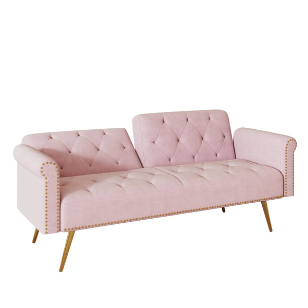 English Elm 69.7" Velvet Sleeper Sofa with Nailhead Trim Gold Legs and Convertible Guest Seating Pink W1658P520296