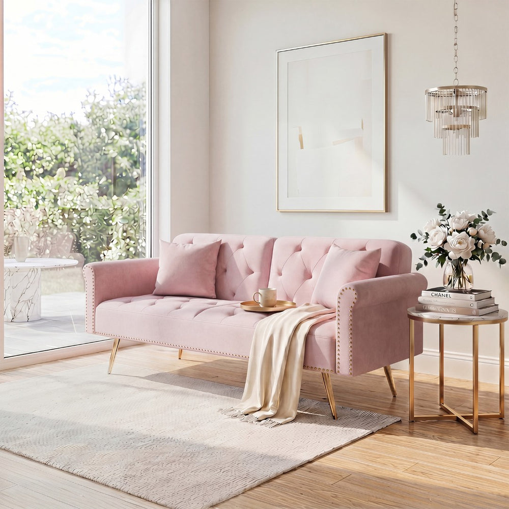 English Elm 69.7" Velvet Sleeper Sofa with Nailhead Trim Gold Legs and Convertible Guest Seating Pink W1658P520296