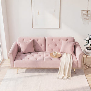English Elm 69.7" Velvet Sleeper Sofa with Nailhead Trim Gold Legs and Convertible Guest Seating Pink W1658P520296
