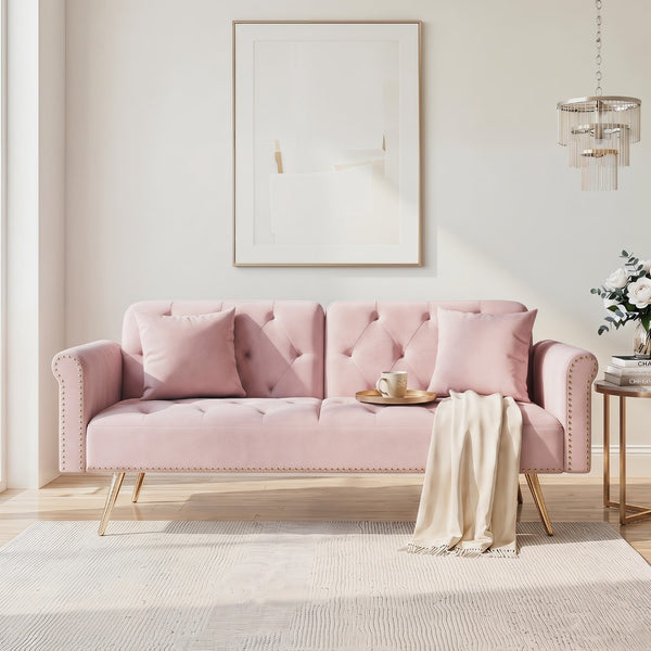 English Elm 69.7" Velvet Sleeper Sofa with Nailhead Trim Gold Legs and Convertible Guest Seating Pink W1658P520296