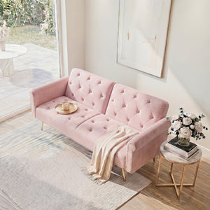 English Elm 69.7" Velvet Sleeper Sofa with Nailhead Trim Gold Legs and Convertible Guest Seating Pink W1658P520296