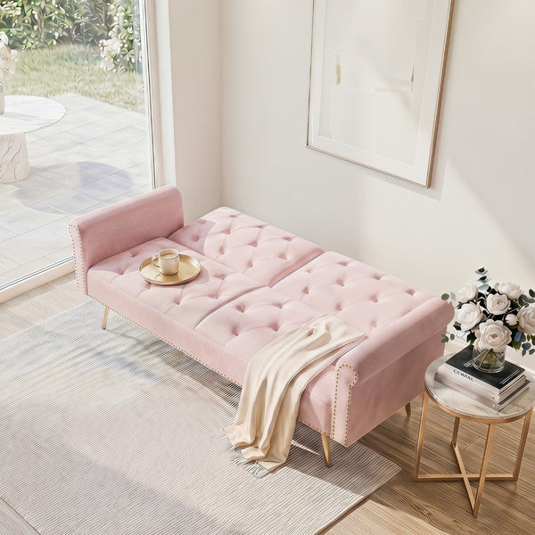 English Elm 69.7" Velvet Sleeper Sofa with Nailhead Trim Gold Legs and Convertible Guest Seating Pink W1658P520296