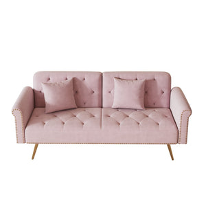 English Elm 69.7" Velvet Sleeper Sofa with Nailhead Trim Gold Legs and Convertible Guest Seating Pink W1658P520296