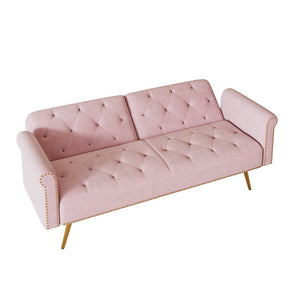 English Elm 69.7" Velvet Sleeper Sofa with Nailhead Trim Gold Legs and Convertible Guest Seating Pink W1658P520296