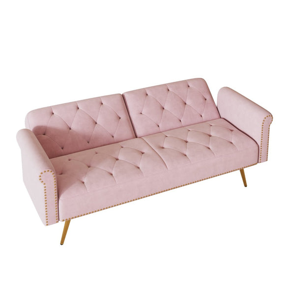 English Elm 69.7" Velvet Sleeper Sofa with Nailhead Trim Gold Legs and Convertible Guest Seating Pink W1658P520296