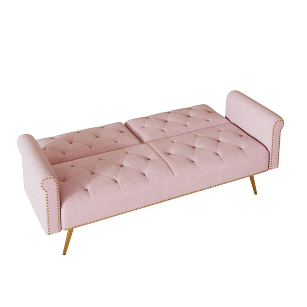 English Elm 69.7" Velvet Sleeper Sofa with Nailhead Trim Gold Legs and Convertible Guest Seating Pink W1658P520296