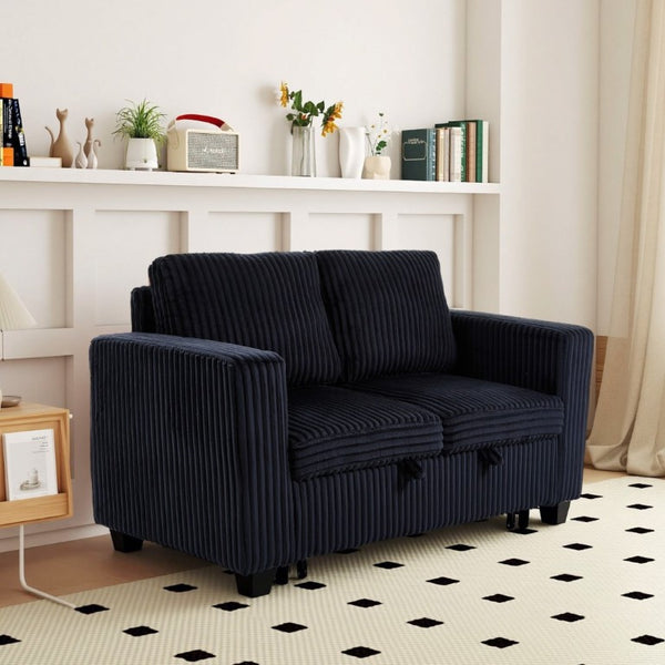 English Elm 58.1 Inch Corduroy Modular Sleeper Loveseat Convertible Sofa for Studio Apartments Black W1658S00175