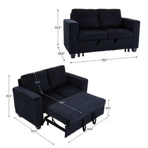 English Elm 58.1 Inch Corduroy Modular Sleeper Loveseat Convertible Sofa for Studio Apartments Black W1658S00175