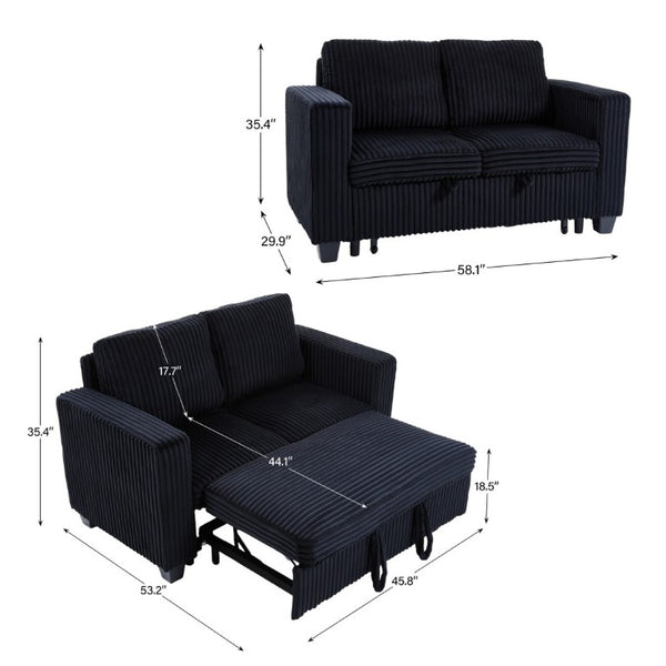 English Elm 58.1 Inch Corduroy Modular Sleeper Loveseat Convertible Sofa for Studio Apartments Black W1658S00175
