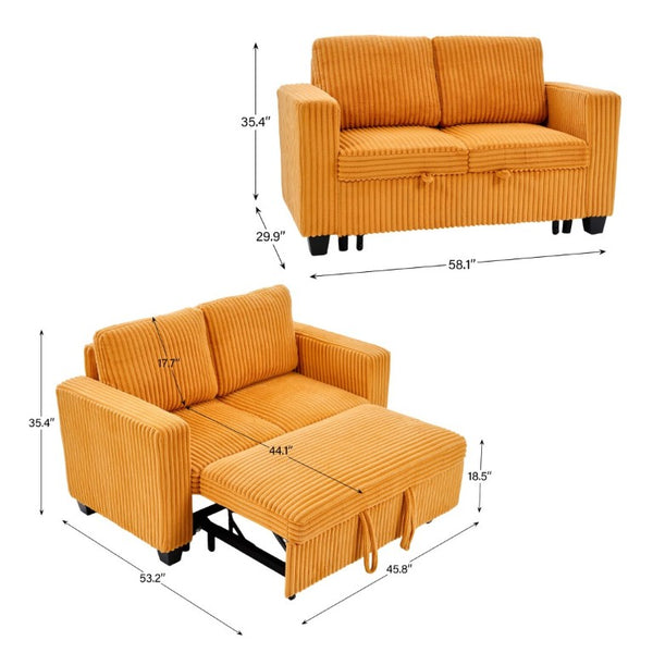 English Elm 58.1 Inch Corduroy Modular Sleeper Loveseat Convertible Sofa for Studio Apartments Orange W1658S00176