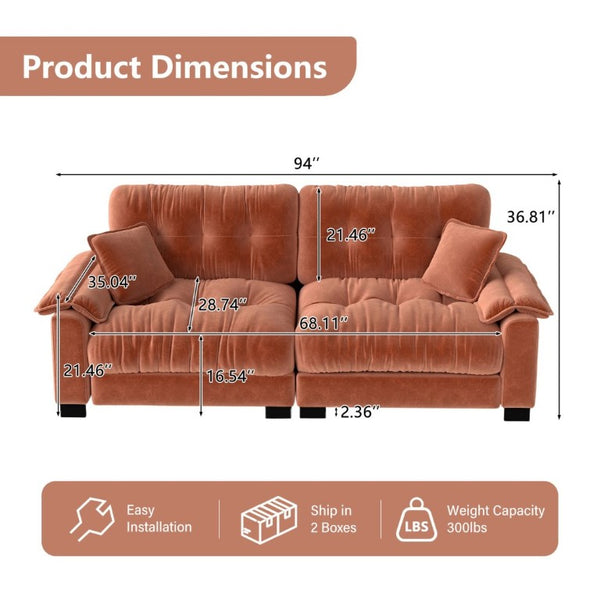 English Elm Modern Pleated Chenille Three Seat Sofa with Spring Support and Dense Foam Cushions Orange W1658S00179