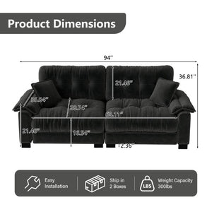 English Elm Modern Pleated Chenille Three Seat Sofa with Spring Support and Dense Foam Cushions Black W1658S00181