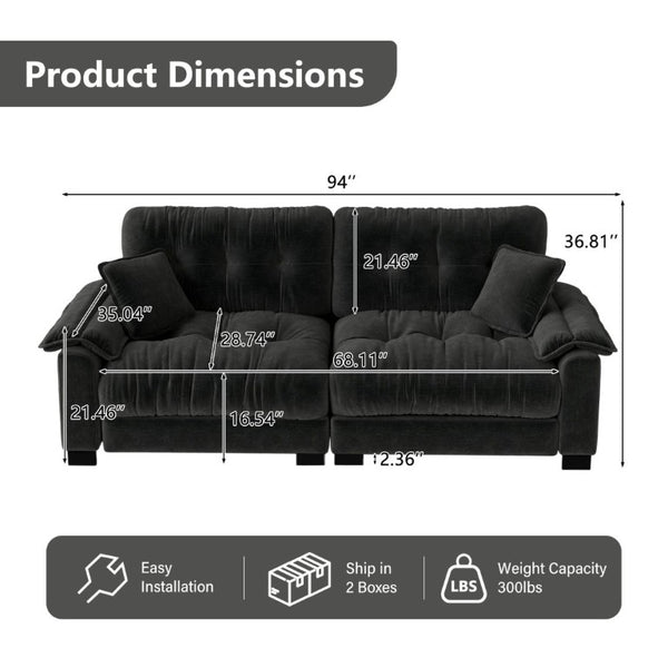 English Elm Modern Pleated Chenille Three Seat Sofa with Spring Support and Dense Foam Cushions Black W1658S00181