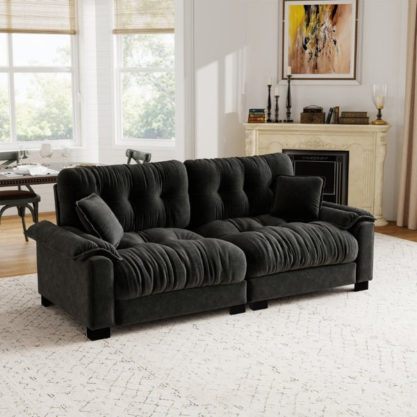 English Elm Modern Pleated Chenille Three Seat Sofa with Spring Support and Dense Foam Cushions Black W1658S00181