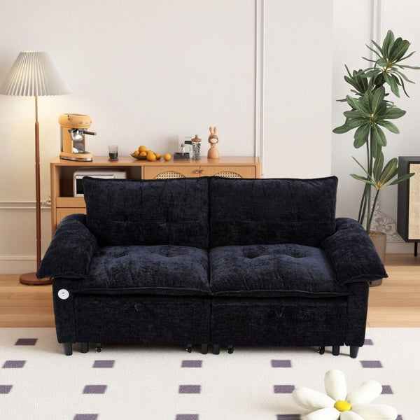 English Elm 73 Inch Velvet Convertible Sleeper Sofa with Pull Out Mattress for Compact Living Spaces Black W1658S00182