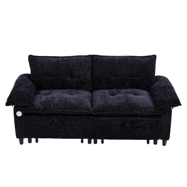 English Elm 73 Inch Velvet Convertible Sleeper Sofa with Pull Out Mattress for Compact Living Spaces Black W1658S00182