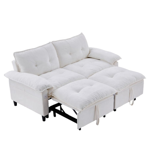 English Elm 73 Inch Velvet Convertible Sleeper Sofa with Pull Out Mattress for Compact Living Spaces Beige White W1658S00183