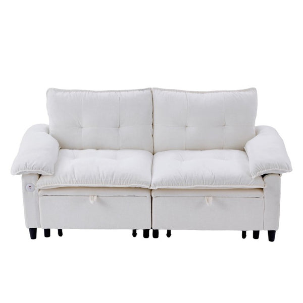 English Elm 73 Inch Velvet Convertible Sleeper Sofa with Pull Out Mattress for Compact Living Spaces Beige White W1658S00183