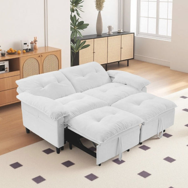 English Elm 73 Inch Velvet Convertible Sleeper Sofa with Pull Out Mattress for Compact Living Spaces Beige White W1658S00183