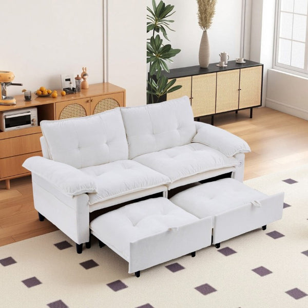 English Elm 73 Inch Velvet Convertible Sleeper Sofa with Pull Out Mattress for Compact Living Spaces Beige White W1658S00183