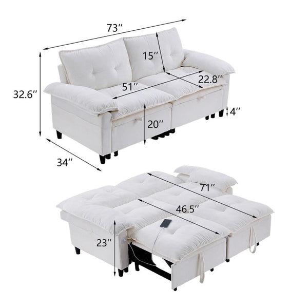 English Elm 73 Inch Velvet Convertible Sleeper Sofa with Pull Out Mattress for Compact Living Spaces Beige White W1658S00183