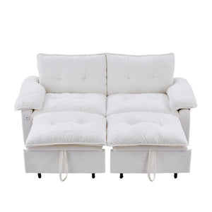 English Elm 73 Inch Velvet Convertible Sleeper Sofa with Pull Out Mattress for Compact Living Spaces Beige White W1658S00183