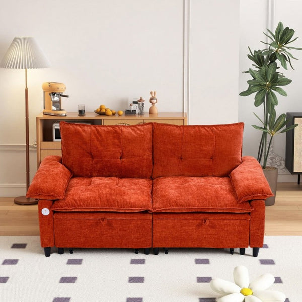 English Elm 73 Inch Velvet Convertible Sleeper Sofa with Pull Out Mattress for Compact Living Spaces Orange W1658S00184