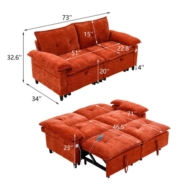 English Elm 73 Inch Velvet Convertible Sleeper Sofa with Pull Out Mattress for Compact Living Spaces Orange W1658S00184