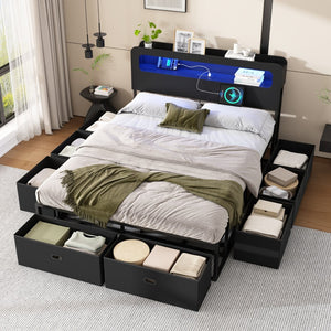 English Elm Queen Storage Bed with Led Headboard Bookshelf Charging Station and 8 Fabric Drawers W1670P459632