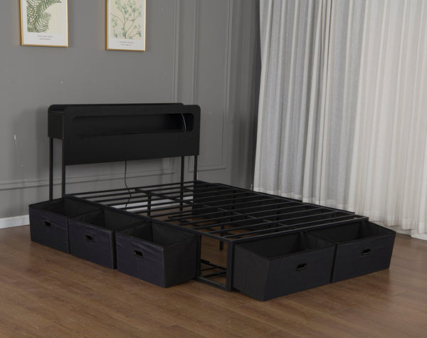 English Elm Queen Storage Bed with Led Headboard Bookshelf Charging Station and 8 Fabric Drawers W1670P459632
