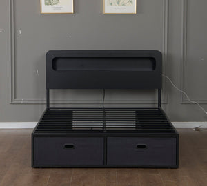 English Elm Queen Storage Bed with Led Headboard Bookshelf Charging Station and 8 Fabric Drawers W1670P459632
