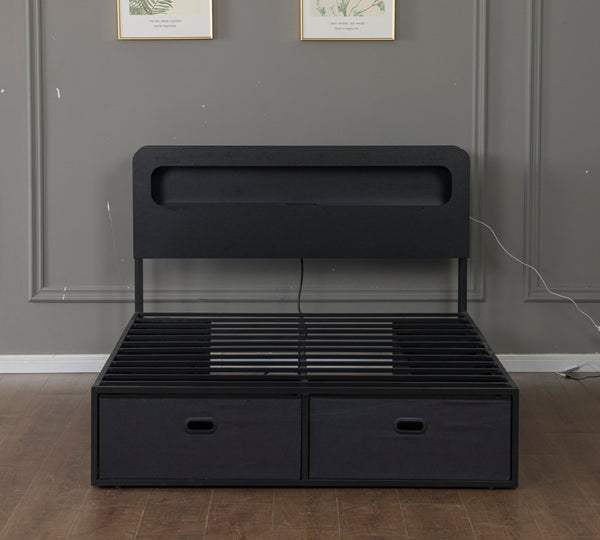English Elm Queen Storage Bed with Led Headboard Bookshelf Charging Station and 8 Fabric Drawers W1670P459632